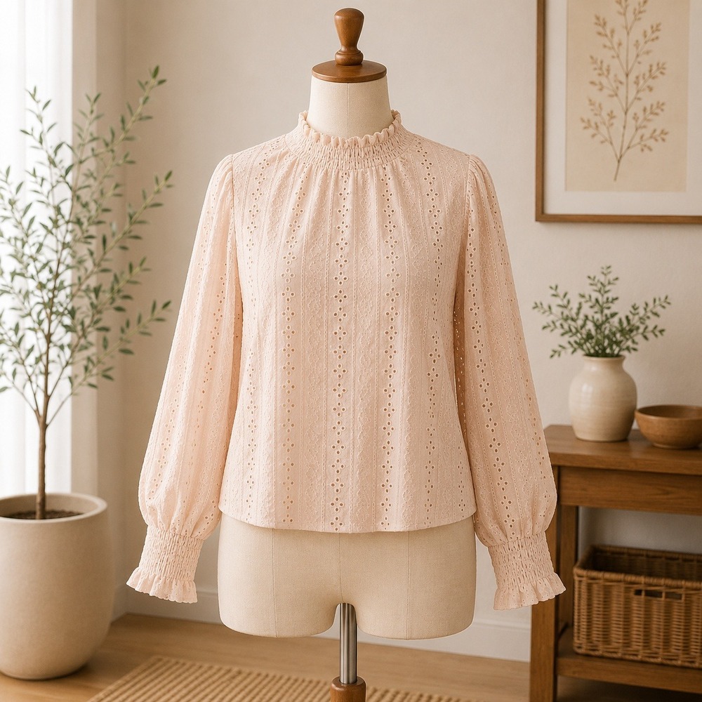NWT Cupshe Eyelet Lace Blouse Womens Medium Beige Mock Neck Smocked Cuff Top